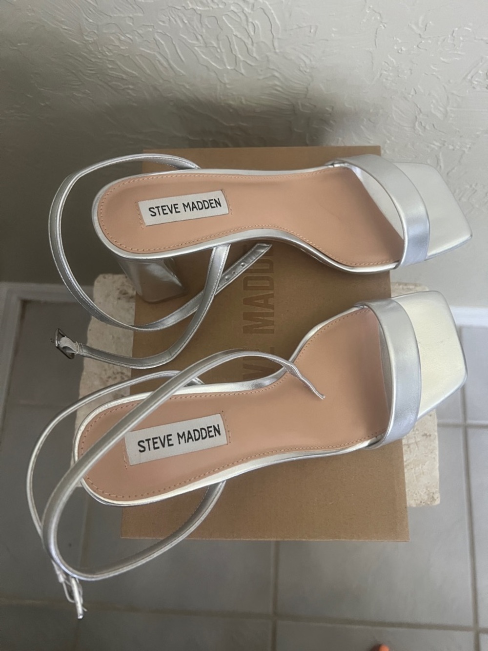 Steve Madden Metallic Silver Slingback Block Heel Sandals - Picture 6 of 6